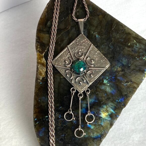 Sterling Silver 925 Israel 4" Modernist Style Eilat Stone Pendant Necklace 24" - Picture 1 of 16